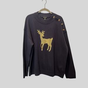 Talbots Sz XL Navy Blue Sweater Gold Sequin Reindeer Christmas Button Shoulder